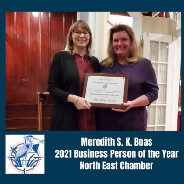Business Person of the Year - Meredith S. K. Boas (left) of Grunge Muffin Designs (award presented by Tracy Reynolds (right))